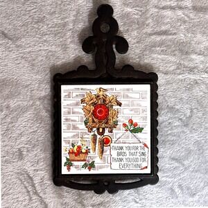 Vintage H.S. Japan Ceramic Tile Trivet Cast Iron Frame Religious Folk Art Plaque